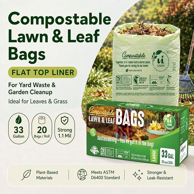 UNNI Compostable Lawn & Leaf Bags, 30-33 Gallon / 124 Liter, 40 Count Value Pack, Extra Thick 1.1 mil Yard Waste & Food Scrap Liners, BPI, CMA & OK compost HOME Certified (Meets ASTM D6400)