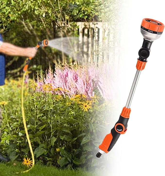 Watering Wand Plant Watering Wand Garden Hose Sprayer Wand Water Hose Long Hose Nozzle Sprayer Adjustable 8 Patterns Ergonomic Rubber Grip Suitable Fo, Orange