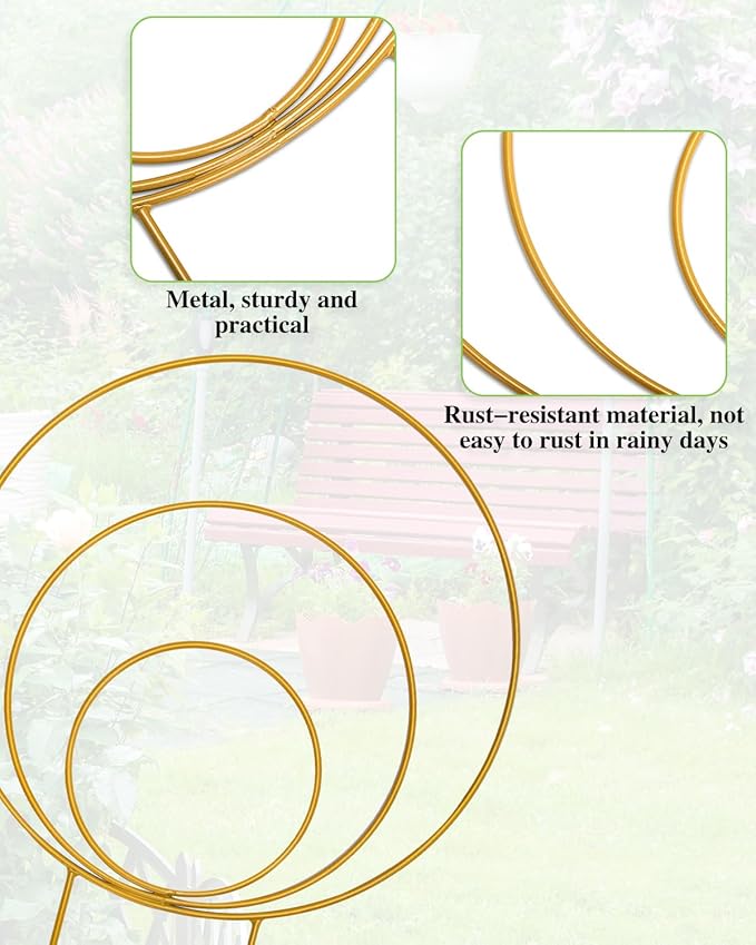 3 Pack Circle Plant Trellis Indoor, Small Metal Plant Support Stake for Climbing Plants, Different Sizes Round Garden Trellis for Ivy and Flowers Outdoor (Gold)