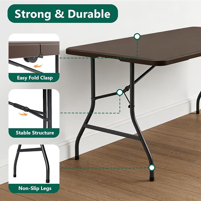 Folding Table 5FT Heavy Duty Plastic Table with Handle, Foldable&Portable, Fold-in-Half Utility Tables for Outdoor, Dining, Wedding, Events, Indoor, Picnic, Camping, Party, Brown