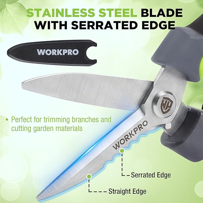 WORKPRO 8" Pruning Shears for Gardening, Multipurpose Stainless Steel Garden Shears with Sheath, Straight Pruning Scissors Garden Snips for Flowers, Fruits & Vegetables