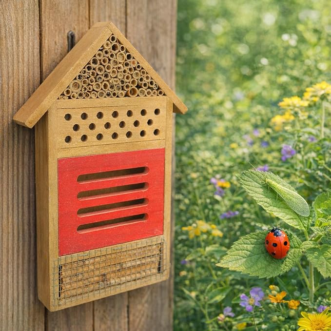 AUNMAS Wooden Bee House, Attracts Pollinators with Tubular Tunnels, Durable Platane Wood Garden Decor, 19.5x3.8x29.8cm Humidity for Bees