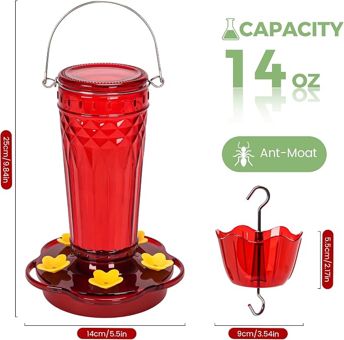 Hummingbird Feeder-14 Ounces，5 Feeding Ports Glass Hummingbird feeders for Outdoors,Wide Mouth for Easy Filling/Cleaning，Hanging for Garden Backyard Decor, Includes Ant Moat (Red，1Pack)