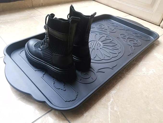 Hard Plastic Boot Tray for Entryway,Boot Mat,Shoe Tray,Shoe Mat for Indoor and Outdoor Use (Black Flower (Hard Plastic) 2Pcs, 29.5X14.9 inch)