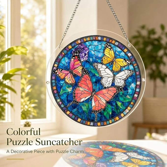 Acrylic Suncatcher Puzzle, 83 Pieces Unique Butterflies Sun Catcher Puzzle Kit for Doors Garden and Window Hanging, Colorful Hanging Light Catcher Decor, DIY Suncatcher Kits for Adults, 7.4 in