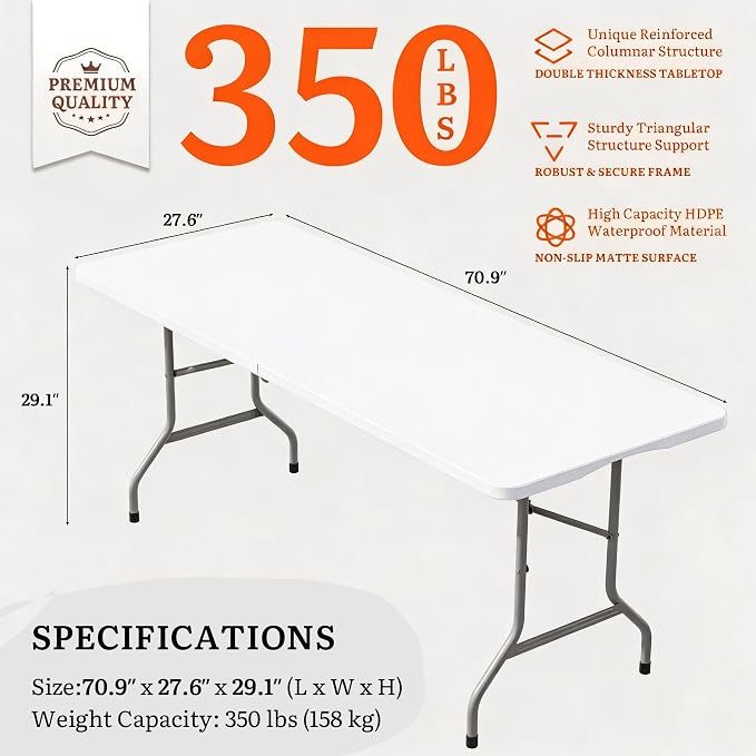 DWVO 6FT Folding Table, Heavy Duty Folding Tables with Carrying Handle, HDPE Fold up Table for Outdoor Camping Picnic Parties, Indoor Events (White)
