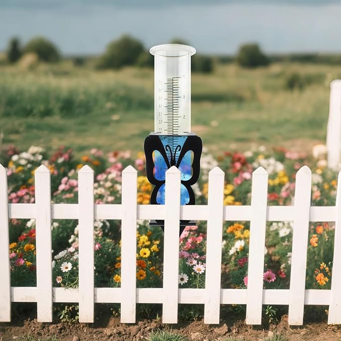 TBWHL 7" Capacity Rain Gauge Replacement Tube Glass with Stainless Steel Butterfly Shape Rack Holder, Decorative rain Measure Gauge for Yard Garden Fence Lawn Farm