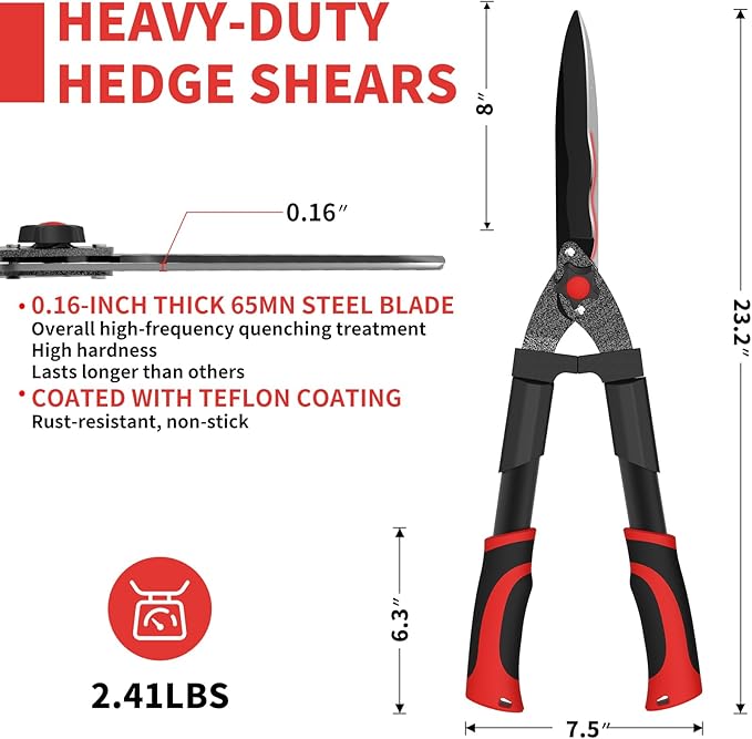GARTOL 23-Inch Hedge Shears, Manual Garden Clippers with 9" High Carbon Steel Wavy Blade, Heavy Duty Bush Trimmers with Shock-Absorbing Bumpers & Adjustable Tension, Easy-Grip Handles