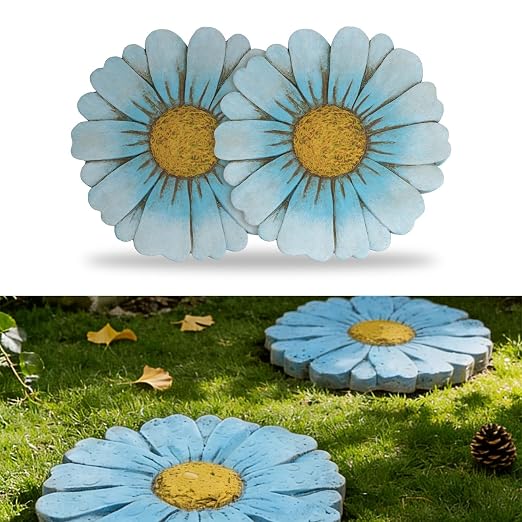 2 Pack Daisy Cement Stepping Stones 10 Inch, Heavy Duty Garden Pathway Stones, Non Slip Outdoor Walkway Decor for Yard Patio Lawn, Weather Resistant Cement Stepping Stones (Blue)