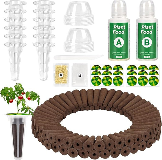 129pcs Hydroponic Pods Kit - Compatible with Aerogarden Grow Anything Herb Kits, 50 Grow Sponges, 50 Plant Labels, 12 Grow Baskets & Domes, 4 AB Plant Food,Hydroponics Supplies for Most Brands