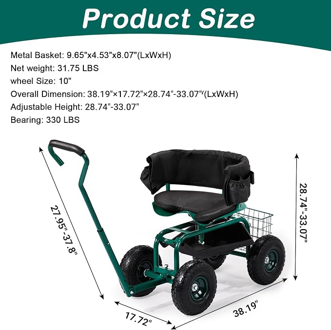 Outvita Rolling Garden Seat with Wheels, Gardening Stool with Height Adjustable 360 Degree Swivel Seat, Ergonomic Backrest, Tool Tray & Storage Basket, Outdoor Gardening Scooter Cart for Patio, Green