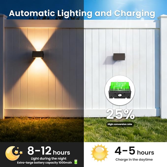 Solar Fence Lights Outdoor, 4 Pack White & RGB Up and Down Solar Wall Lights, IP67 Waterproof LED Dusk to Dawn Solar Powered Fence Lights for Patio, Backyard, Deck, Garden, Yard, Outdoor Wall Decor