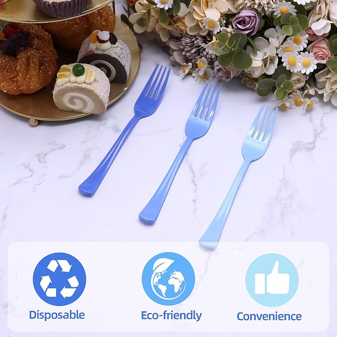60 Pcs Blue Plastic Forks Disposable Baby Blue Cutlery Heavy Duty Plastic Silverware 50 Disposable Forks for Brithday, Wedding, Baby Shower