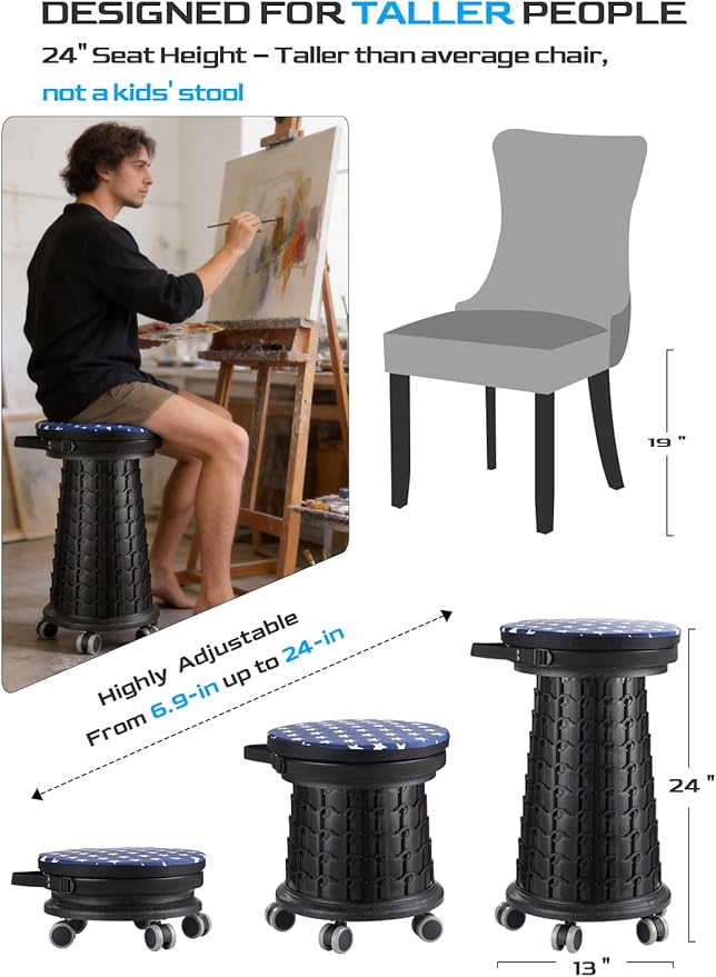 2026 Upgraded 3XL Rolling Collapsible Stool with Wheels | 1000lbs Capacity, 24-in Taller & 13-in Wider Retractable Stool for Adults, Thick Swivel Cushion & 5 Silent Casters, for Home, Garage, Kitchen