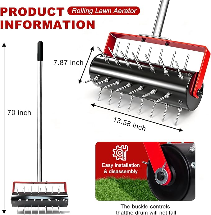 Rolling Lawn Aerator Tool Heavy Duty Manual Push Aerator Lawn Tool with 42 Spikes Lawn Aerator Spike Tool Soil Penetrator Push Lawn Aeration for Garden Yard Patio (Red)