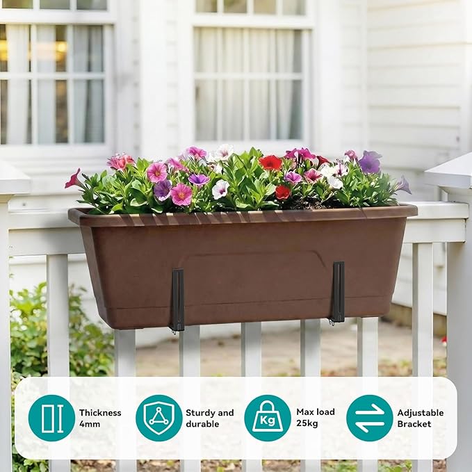 Adjustable Planter Box Brackets,Enhanced Bottom Support,Universal Outdoor Hanging Brackets,Flower Box Brackets for Fence Railings, Windowsill, Patio, Garden,Balcony. (Black)