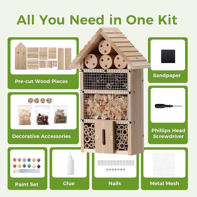 DIY Wooden Insect House Kit for Kids & Adults - Build Your Own Bug Hotel with Paint Set & Tools, Wood Craft Kits for Mason Bees, Ladybugs, Butterflies & Lacewings