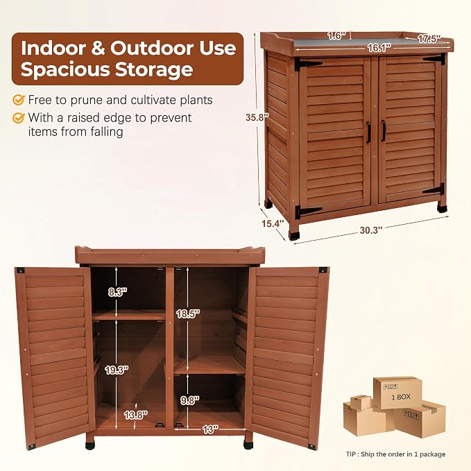 Outdoor Garden Storage Cabinet with Potting Bench, Wood Cabinet with Metal Top, Planting Workstation Table for Patio, Backyard and Garden Tools (Brown)