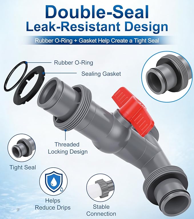Pool Hose Connector with Valve,1.5" T-Joint Pool Hose Adapter Valve for Leak-Proof Dual Seal and Control Water Flow, Durable PP Material, Easy No-Tool Install for Above Ground Pools and Filter Pump