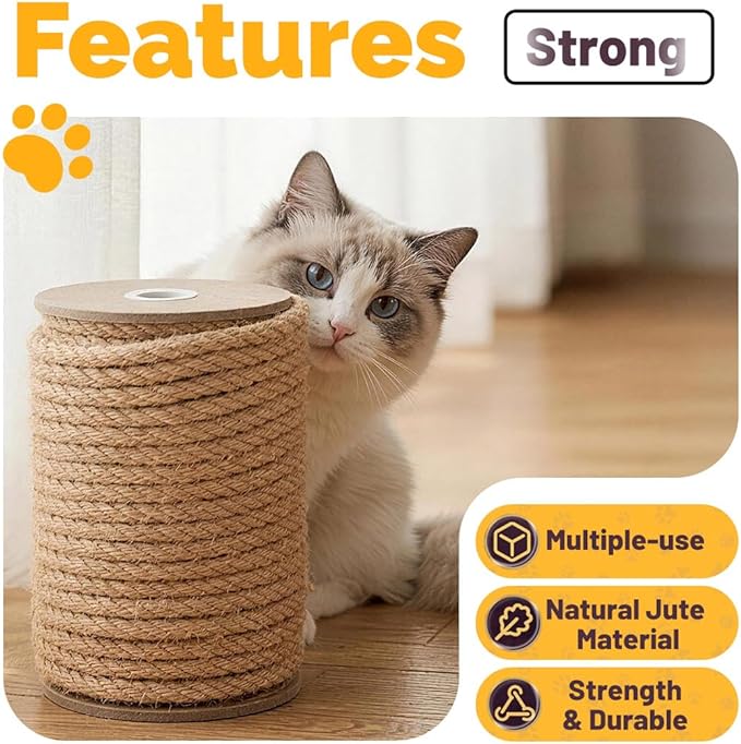 Jute Rope 10MM x 50FT Heavy Duty and Thick Twine Rope for Crafts Projects Gardening Bundling Cat Scratcher Scratching Post Tree Gift Wrapping Home Christmas Decoration (Brown 10mm* 50ft)