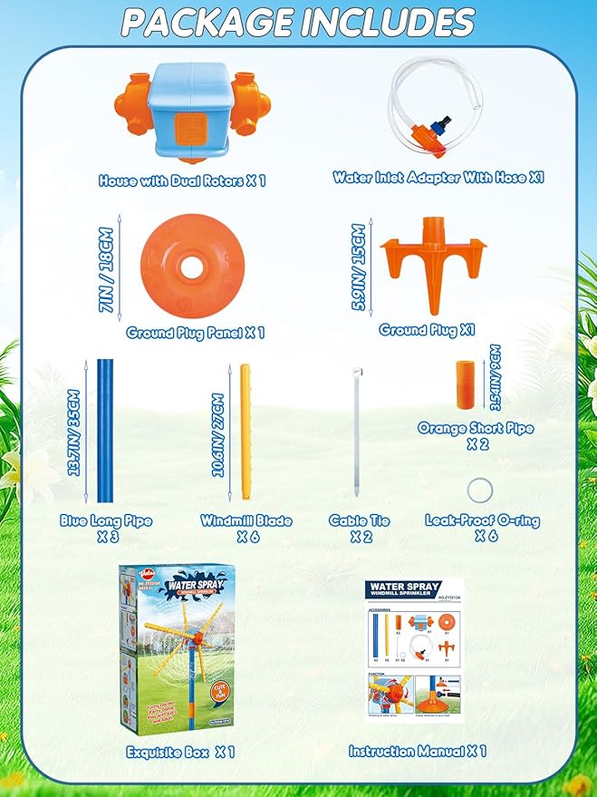 VATOS 59" Windmill Water Sprinkler Outdoor Yard Toy for Kids, New Upgrades Double-Sided with 6 Blades, 54 Spray Nozzles, 360° Spining Splash Summer Fun Play for Boys, Girls, Pets and Lawn Watering