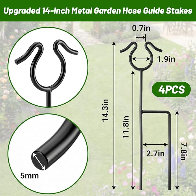 14 inch Garden Hose Guide Spike, 4 Pack Metal Hose Guides for Garden Heavy Duty Rustproof Coated Stake Keeps Water Hose Out of Flower Beds for Outside Lawn & Yard Plant Protection (Black)