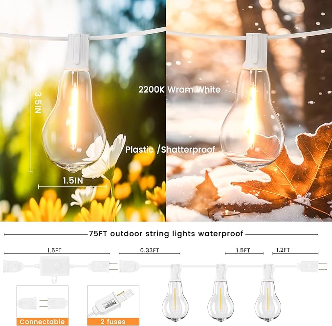 Outdoor String Lights 75FT LED Patio Lights 53 Plastic Edison Bulbs (3 Spare) with Remote Waterproof Patio Lights, Dimmable Outside Hanging Light Connectable for Porch Backyard, White
