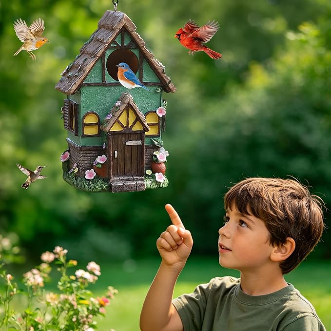 Bird Houses for Outside Rustic Cottage Thatch Roof Birdhouse with Flowers – Hand-Painted Resin Birdhouses for Outdoors for Bluebird Finches Cardinals Bird Nesting Garden, Patio, Yard
