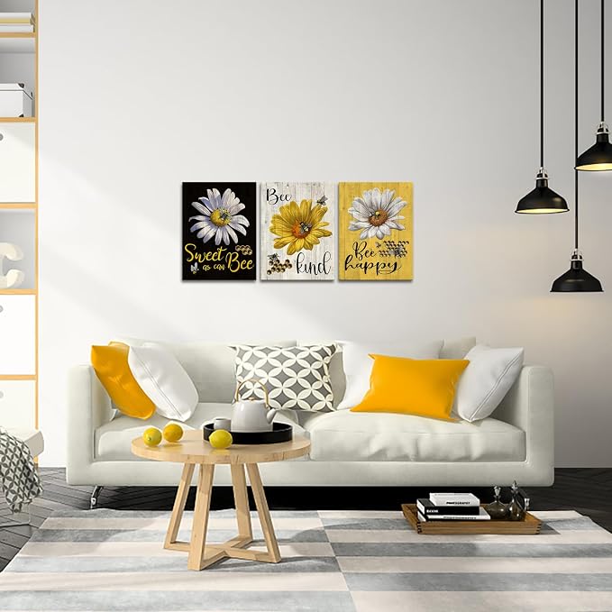 FuShvre Flower and Bee Canvas Wall Art Bee Happy Kitchen Picture Prints Black Yellow Wall Decor for Farmhouse Framed 12"x16"x3pcs