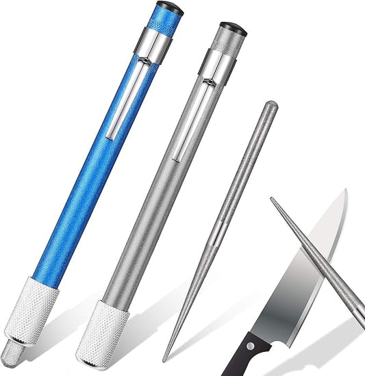 2 Pieces Diamond Retractable Knife Sharpener Steel Sharpening Rod for Kitchen Outdoor Serrated Stick Tools (Blue, Silver)