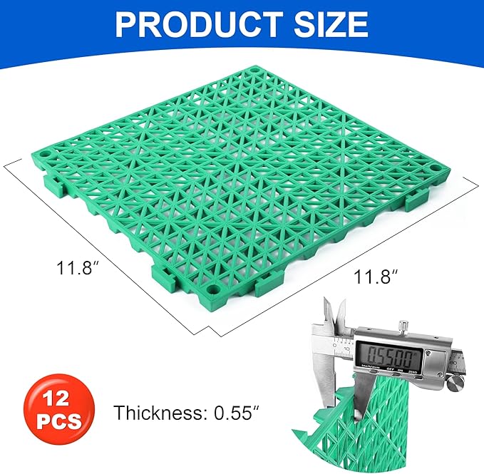 MYFAMIREA Modular Interlocking Cushion 12 Pack 11.8" x 11.8" Rubber Floor Tiles Non-Slip Splicing Drainage Mats for Deck, Pool, Outdoor Shower, Patio, Balcony, Indoor Bathroom, Kitchen, Yard (Green)