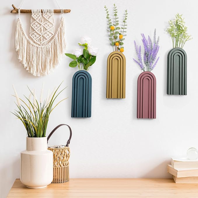 Ziliny 4 Pack Wood Wall Planter Indoor Wall Decor Plant Holders Boho Hanging Planter Vases for Modern Farmhouse Living Room Bedroom Rainbow Decor (Morandi Color)