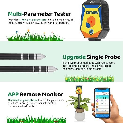 Smart Soil Moisture Meter pH Salinity Tester 8 in 1 Moisture pH Light Environment Humidity Fertility EC Salt Temp Soil Meter for Indoor/Outdoor Plants with App Monitor for Garden, Lawn, Farm