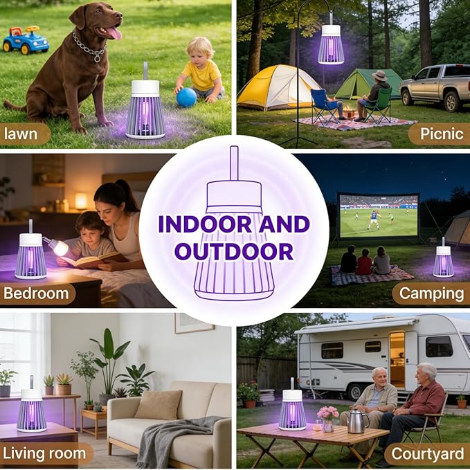 Bug Zapper Outdoor and Indoor Rechargeable 2 in 1 Wireless Mosquito Killer Lamp 1200mAh Electric Trap Ideal Bug Zapper Indoor for Patio, Home, Backyard, Yard, Garden, Campsite
