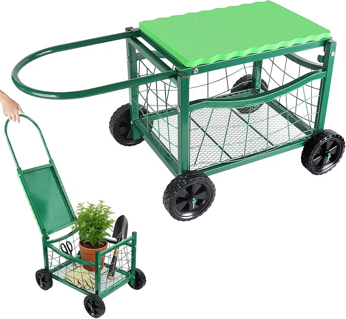 Garden Rolling Work Seat with Wheels, Padded Foam Cushion, Wire Mesh Storage Basket, Steel Frame, Hold Max. 350Lbs