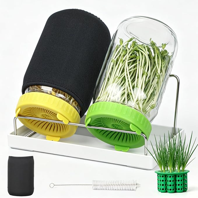 Seed Sprouting Kit - 2×32 Oz Wide-Mouth Mason Jars with Sprouter Lids, Stand, Sprout Tray & Light Shield, for Broccoli, Alfalfa, Mung Beans & Microgreens (Yellow + Green + Green Onion Regrower)