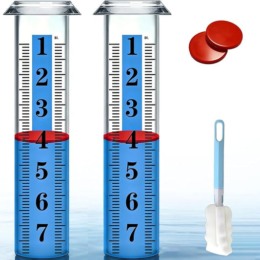 2PCS Rain Gauge Replacement Tube Plastic, Accurate Rain Gauge Outdoor, Thickened and Transparent 7" Capacity Tube with Blue Strip for Yard, 2 Rain Meter Tube with 1 Clean Brush and 2 Red Float