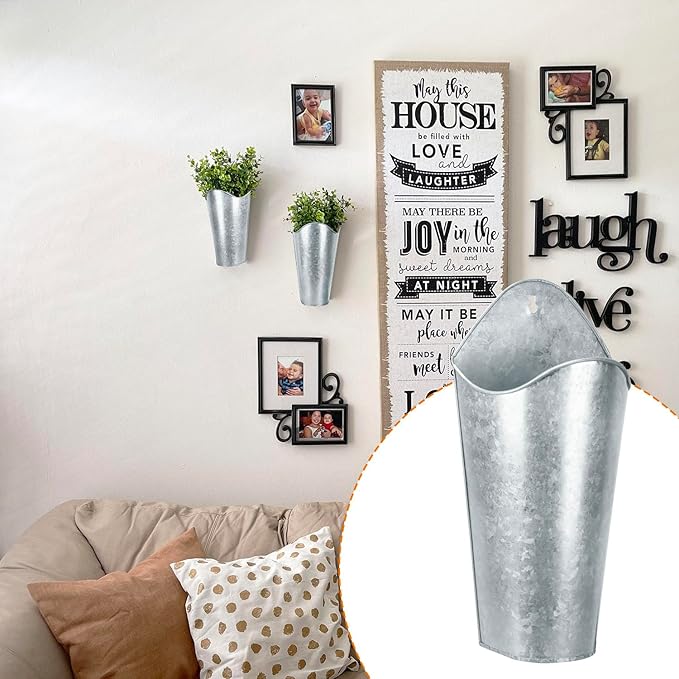 6 Pack 12 Inch Tall Galvanized Metal Wall Planter, Metal Wall Vases, Galvanized Hanging Wall Vase Planters for Flowers,Rustic Home Wall Decor, Farmhouse Decor
