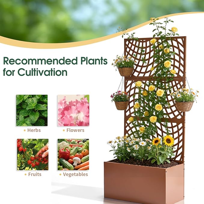 VINGLI 71" H Metal Raised Garden Bed with Trellis, Outdoor Planter Box for Climbing Vegetables, Fruits and Flowers, Privacy Screen, for Backyard, Patio, Balcony, Brown