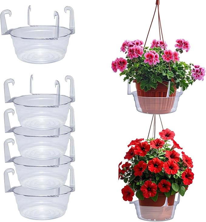 Curtis Wagner Plastics Hanging Basket Drip Pans (5-Pack) | Clear, Round (Diameter = Base 9", Top 12", Depth 3.75") Hanging Plant Tray Saucer with Built-in Hooks & Water Catcher for Indoor & Outdoor