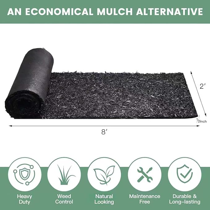 Sekcen Upgraded 2 Pack Rubber Mulch Roll Mat for Landscaping Recycled Rubber Walkway Black Permanent Mulch Pathway Playground 8' x 2'