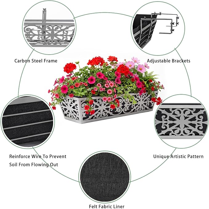 6 Pack 30 Inch Window Boxes Planter for Outdoor Plants Deck Railing Planters Box with Adjustable Brackets for Porch Fence Balcony Hanging Flower Baskets with Non-Woven Fabric Liner for Garden Décor