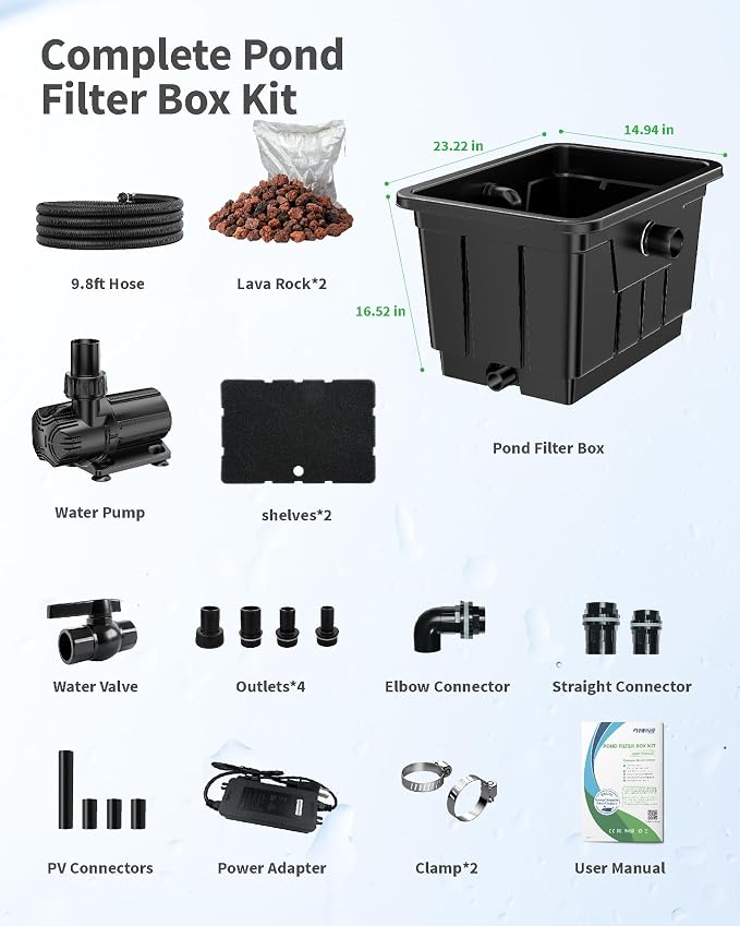 POPOSOAP Large Pond Filter Kit, Outdoor Pond Filter with 1200GPH Quiet Pond Pump & 9.8FT Hose, Above-Ground Design for Easy Maintenance Complete Accessories Included for Koi Pond Garden Pond P2580