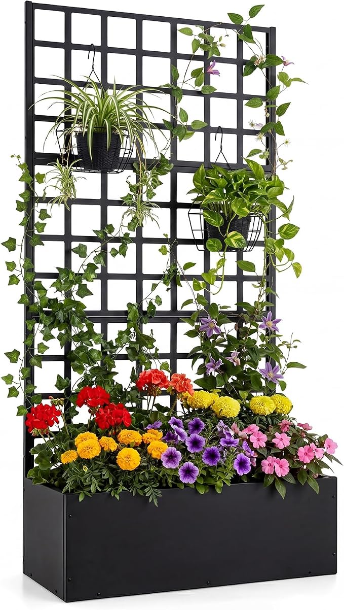Giantex Metal Raised Garden Bed with Trellis, 71"x36"x16" Galvanized Planter Box w/Drainage Holes for Climbing Plants Vegetables Flowers, Outdoor Privacy Screen for Patio Backyard Balcony