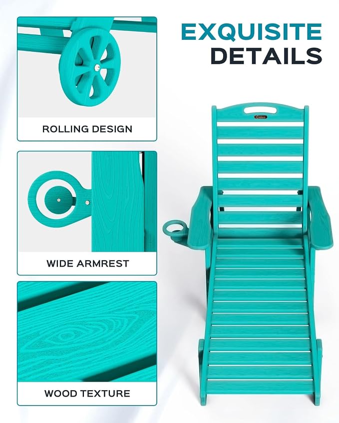 Ciokea Lounge Chair Outdoor, Oversized Chaise Lounge Chair with 5 Positions, HDPE, Patio Lounge Chair with Wheels & Cup Holder for Pool, Deck, Poolside, Lake Blue