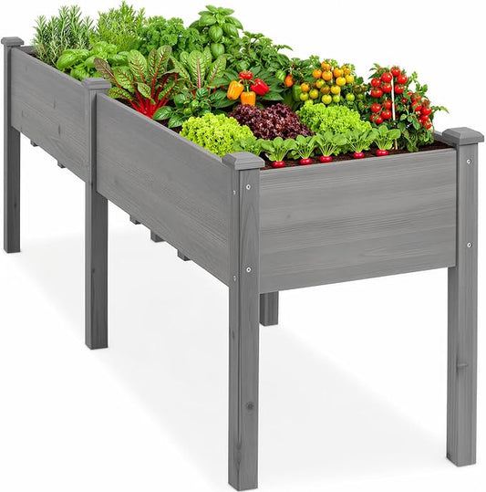 DUMOS Raised Garden Bed with Legs, 72x23x30 Inch Planter Box Outdoor with Liner for Herbs Flowers Vegetables, Elevated Wooden Garden Bed for Patio, Balcony and Backyard, Grey
