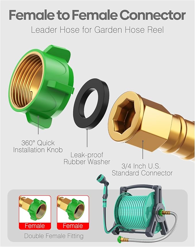 Short Metal Garden Hose 3 ft with Female to Female Connector， Stainless Steel Small Leader Hose for Hose Reel, Long, Flexible, Lightweight & Heavy Duty Water Pipe, Outdoor Water Hose Extension Adapter