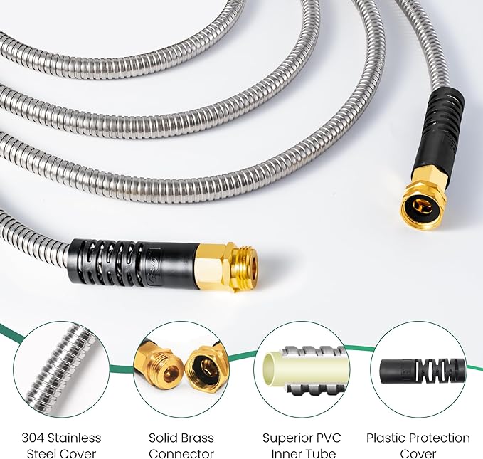 Cesun Short Garden Hose 3 feet, Metal Leader Water Hose, Heavy Duty and Lightweight Stainless Steel Water Pipe for RV, Outdoor, Yard, Lawn, 3ft x 5/8", Female to Male