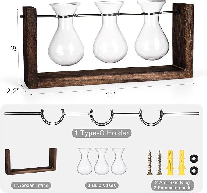 YIBOT Wall Hanging Planter Plant Propagation Stations Glass Flower Vase | Plant Terrarium with Wooden Stand,Gifts for Plant Lovers,Bathroom, Home Office Living Room Decor