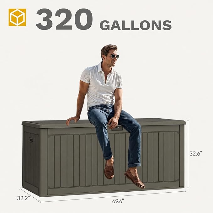 DWVO 320 Gallon Resin Outdoor Storage Box, XXL Double-Wall Waterproof Deck Box with Divider, Doubles as Table or Seating with 1000 lbs Capacity, Lockable (Light Brown)